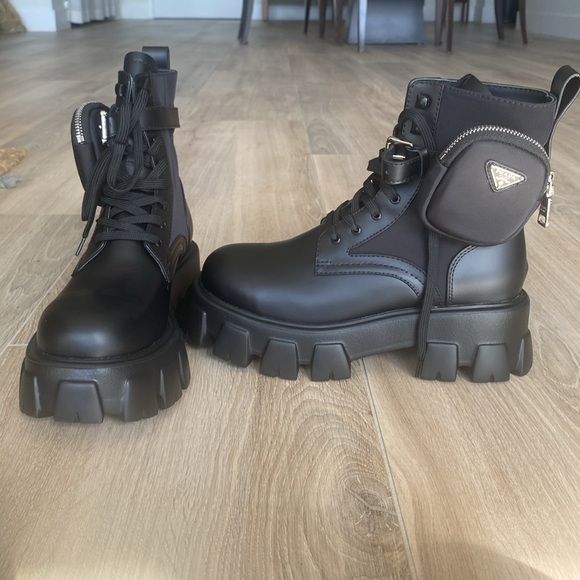 NWB: Men’s Prada smooth leather and recycled nylon combat boots. Sz 40 - Picture 3 of 14